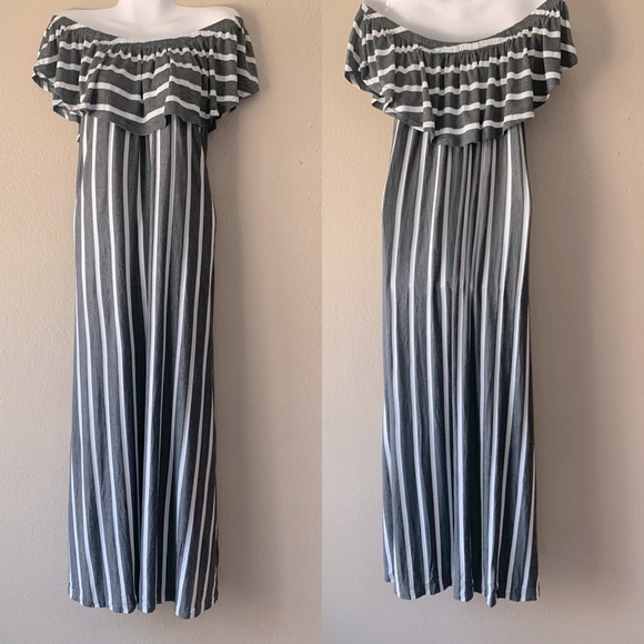 EXIST Dresses & Skirts - EXIST Charcoal White Stripe Beachy Boho Off The Shoulder Maxi Dress Size XL NWT